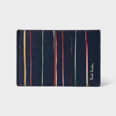 Paul Smith Navy Woven Leather 'signature Stripe' Pinstripe Credit Card Holder Blue