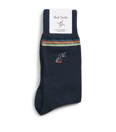 Paul Smith Organic Cotton-blend Embroidered Holiday Socks In Blue
