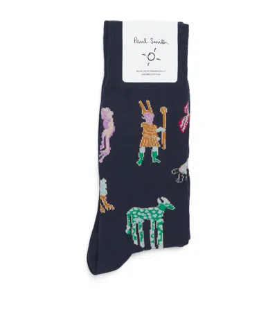 Paul Smith Organic Cotton-blend Little Beasts Socks In Blue