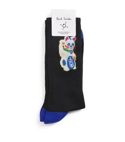 Paul Smith Organic Cotton-blend Lucky Cat Socks In Blue