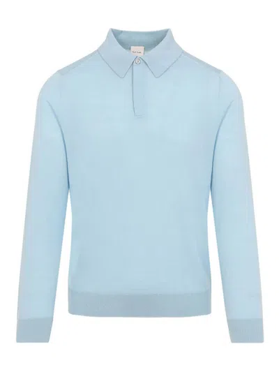 Paul Smith Sky Blue Merino Wool Kntted Long-sleeve Polo Shirt