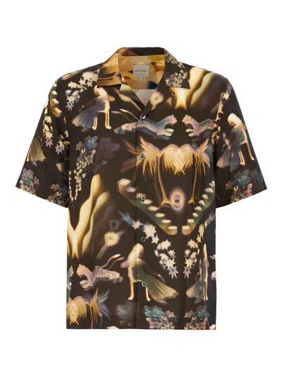 Paul Smith Artistic Print Black Long Sleeve Shirt With Classic Collar In Multi