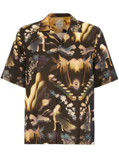 Paul Smith Artistic Print Black Long Sleeve Shirt With Classic Collar In Multi