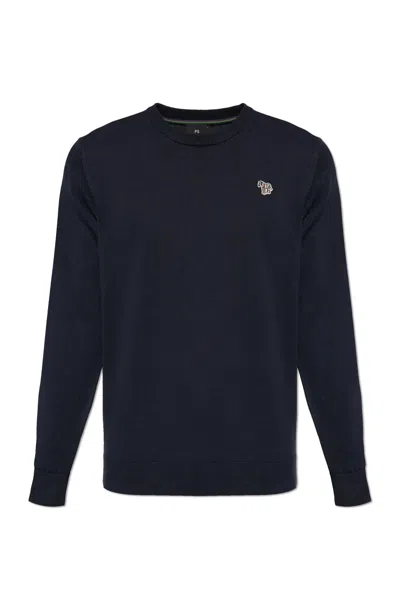 Paul Smith Ps  Cotton Sweater With Logo Patch In Blue