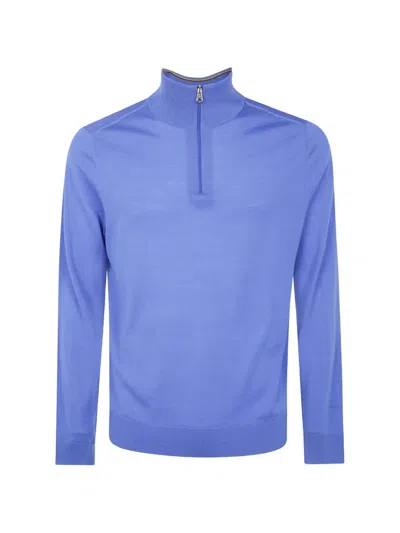 Paul Smith Mens Zip Neck Sweater Ribbed Trims In Blue
