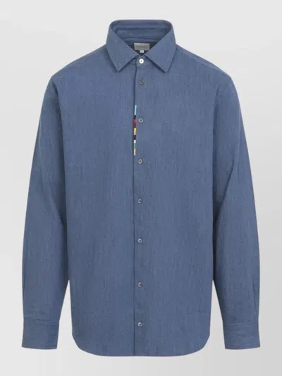 Paul Smith Regular Fit Cotton Chambray Shirt Multicolor Placket In Blue