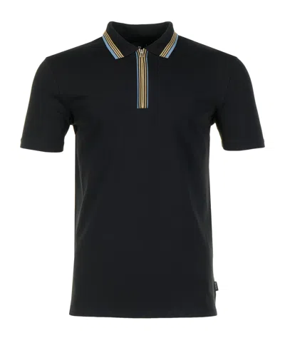 Paul Smith Regular Fit Short Sleeve Placket Stripe Zip Polo Shirt Black