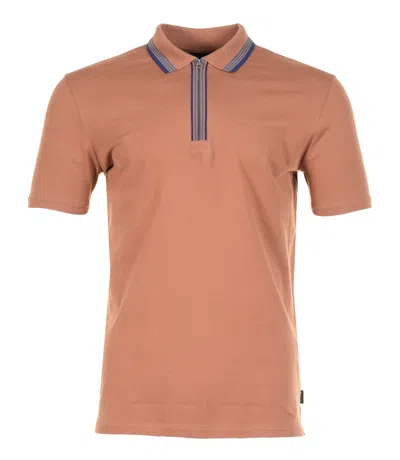Paul Smith Regular Fit Short Sleeve Placket Stripe Zip Polo Shirt Brown