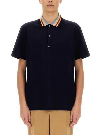 Paul Smith Relaxed Fit Cotton Polo With Striped Collar In Blue