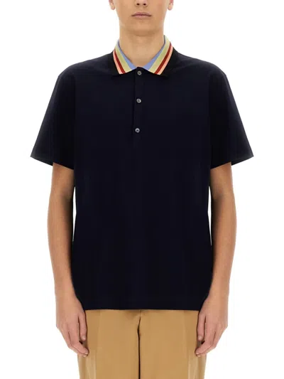 Paul Smith Relaxed Fit Cotton Polo With Striped Collar In Blue