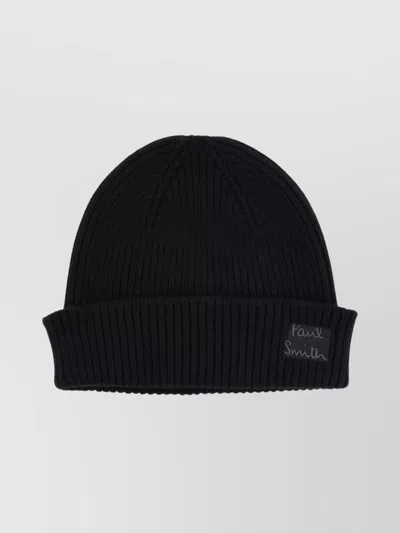 Paul Smith Ribbed Texture Hat Folded Cuff In Black