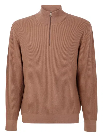 Paul Smith Ribbed Zip-neck Sweater In Brown