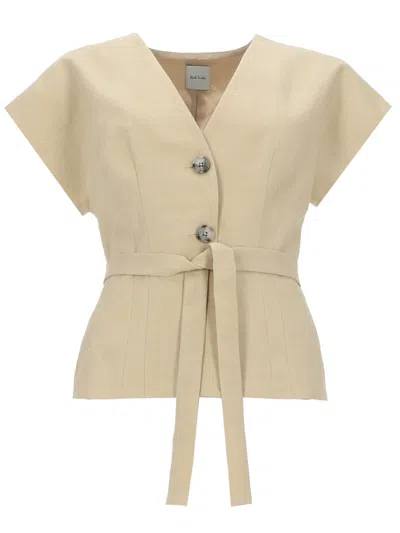 Paul Smith V-neck Linen Buttoned Top In Neutral