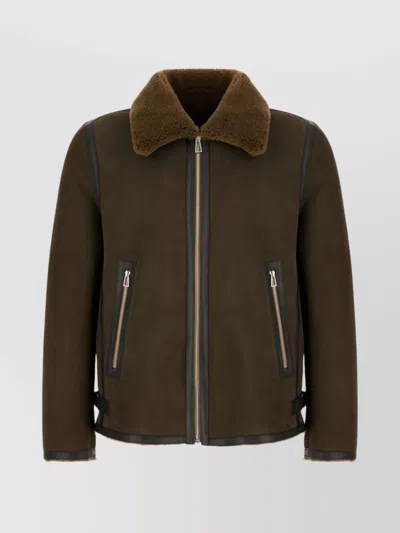 Paul Smith Shearling Collar Jacket With Adjustable Side Tabs In Brown