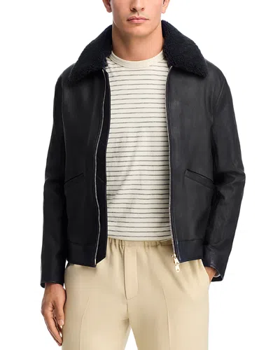 Paul Smith Shearling Collar Leather Jacket In Blue