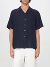 Paul Smith Linen Short-sleeve Blanket-stitch Shirt In Navy Blue In Blue