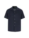 Paul Smith Linen Short-sleeve Blanket-stitch Shirt In Navy Blue In Blue