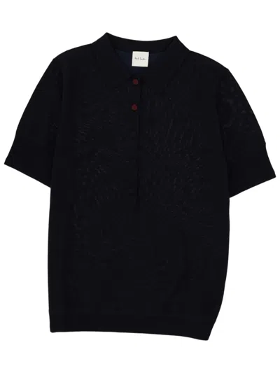 Paul Smith Short-sleeved Textured Pattern Merino Wool Polo Shirt In Blue