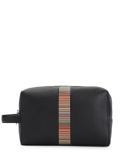Paul Smith Signature Stripe Leather Wash Bag In Black