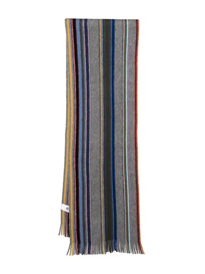 Paul Smith Logo-embroidered Fringed Striped Merino Wool Scarf In Gray