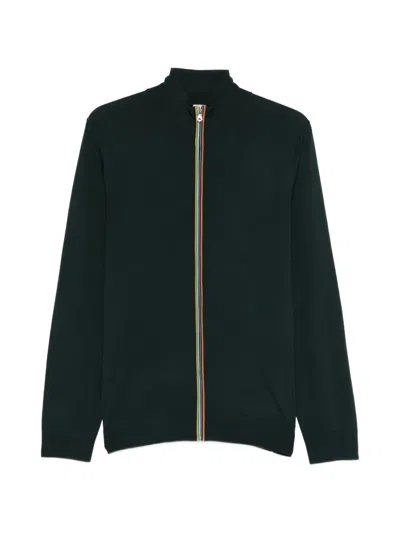 Paul Smith Signature Stripe Zip Through Cardigan In Green