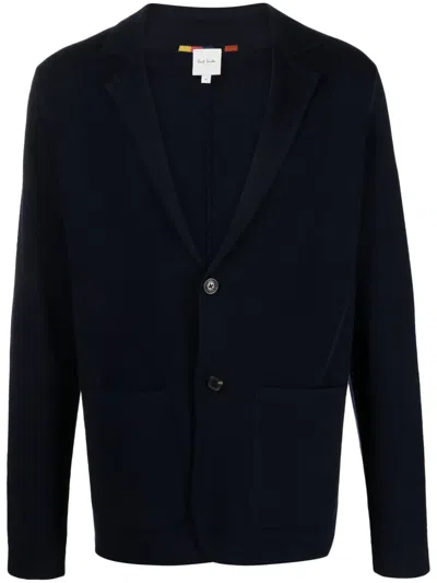 Paul Smith Single-breasted Merino-wool Knitted Jacket In Blue