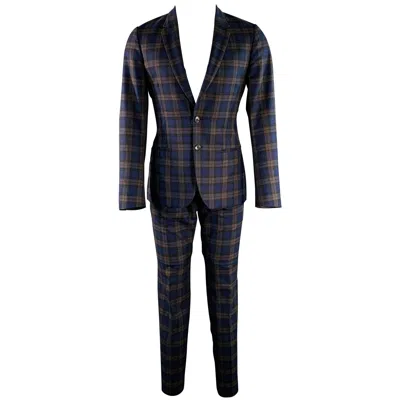Pre-owned Paul Smith Size 38 Soho Navy Brown Plaid Wool Notch Lapel Suit In Blue