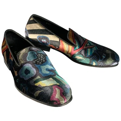 Pre-owned Paul Smith Size 8 Black Multi Color Abstract Print Velvet Slip On Loafers