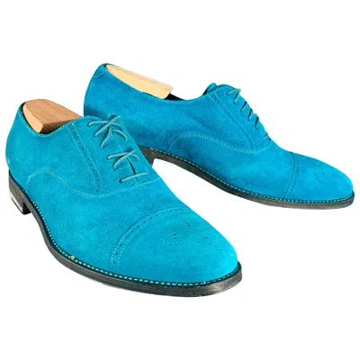 Pre-owned Paul Smith Size 9 Aqua Perforated Suede Leather Cap Toe Lace-up Shoes In Blue