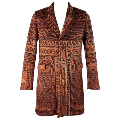 Pre-owned Paul Smith Size L Brown Black Tapestry Jacquard Wool Blend Hidden Snaps Coat