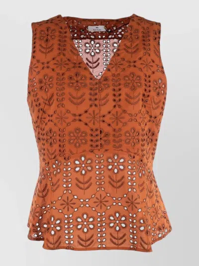 Paul Smith Sleeveless V Neck Top Embroidered Peplum In Brown