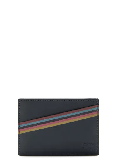 Paul Smith Stripe-print Leather Card Holder In Blue