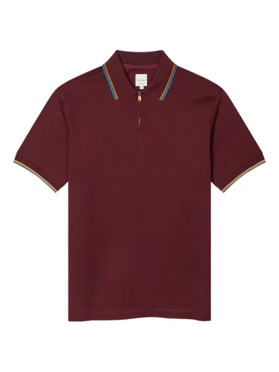 Paul Smith Signature Stripe Trim Zip Polo Shirt In Burgundy