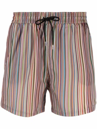 Paul Smith Striped Drawstring Waistband Swim Shorts In Brown