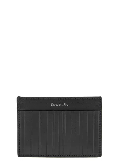 Paul Smith Striped-embossed Leather Card Holder In Black