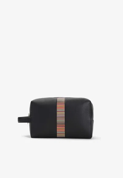 Paul Smith Striped Leather Wash Bag In Black