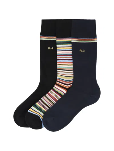 Paul Smith Pack Of Three Striped Cotton-blend Socks In Black