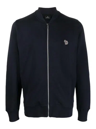 Paul Smith Zebra Zip Cotton Sweatshirt In Navy