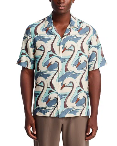 Paul Smith Swan Print Short Sleeved Regular Fit Button Down Shirt In Gray