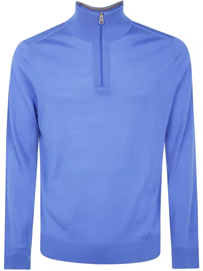Paul Smith Mens Zip Neck Sweater Ribbed Trims In Blue