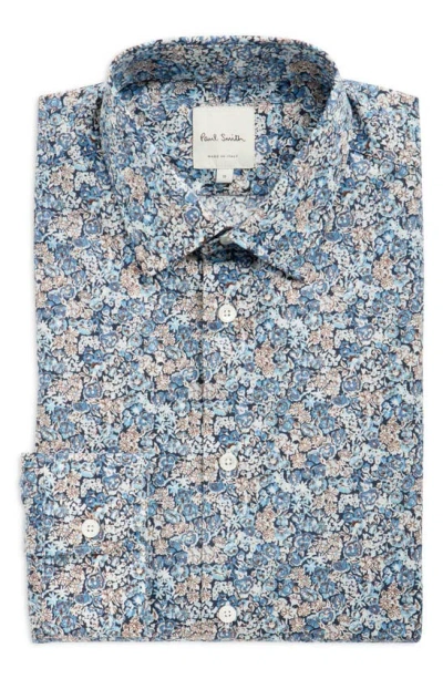 Paul Smith Tailored Fit Floral Cotton Dress Shirt In Navy/ Blue Multi