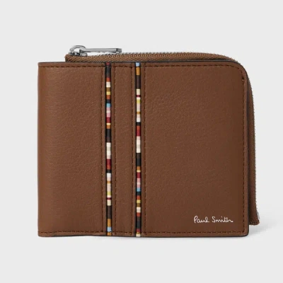 Paul Smith Tan Leather 'signature Stripe' Piping Zip Billfold Wallet Brown