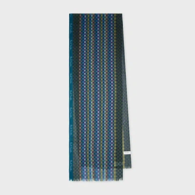 Paul Smith Teal Blue Check Merino Wool-silk Blend Scarf