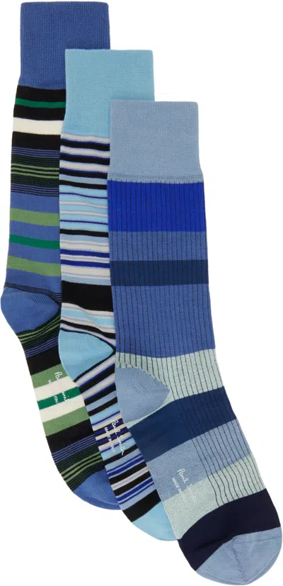 Paul Smith Three-pack Blue Mix Socks In 42 Blue