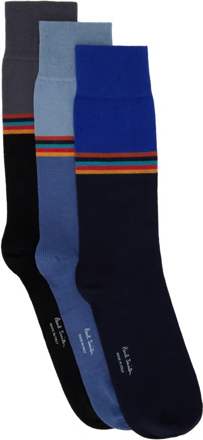 Paul Smith Three-pack Multicolor Jared Artist Socks In Blue