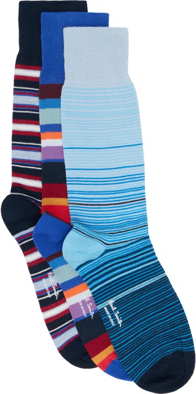 Paul Smith Three-pack Multicolor Mixed Stripe Cracker Set Socks In Blue