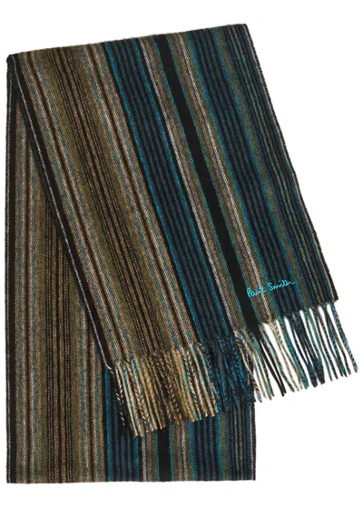 Paul Smith Trent Striped Logo-embroidered Wool Scarf In Green