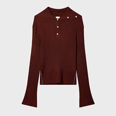Paul Smith Women's Brown Ribbed Knit Sailor-collar Button Sweater Red In Burgundy