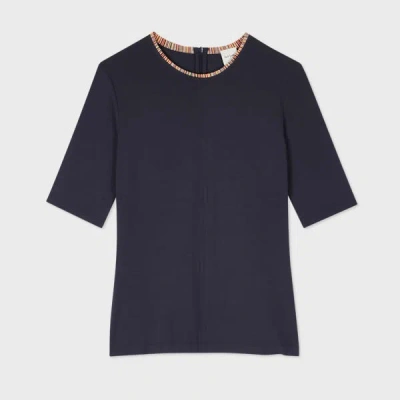 Paul Smith Women's Jersey Navy Top With 'signature Stripe' Trim Blue