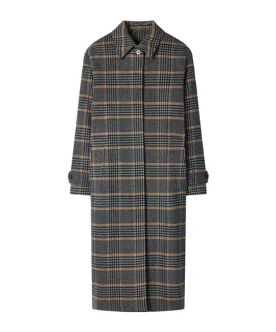 PAUL SMITH WOMEN'S NAVY AND GREY CHECK BRUSHED WOOL COAT WITH BACK BUTTONS